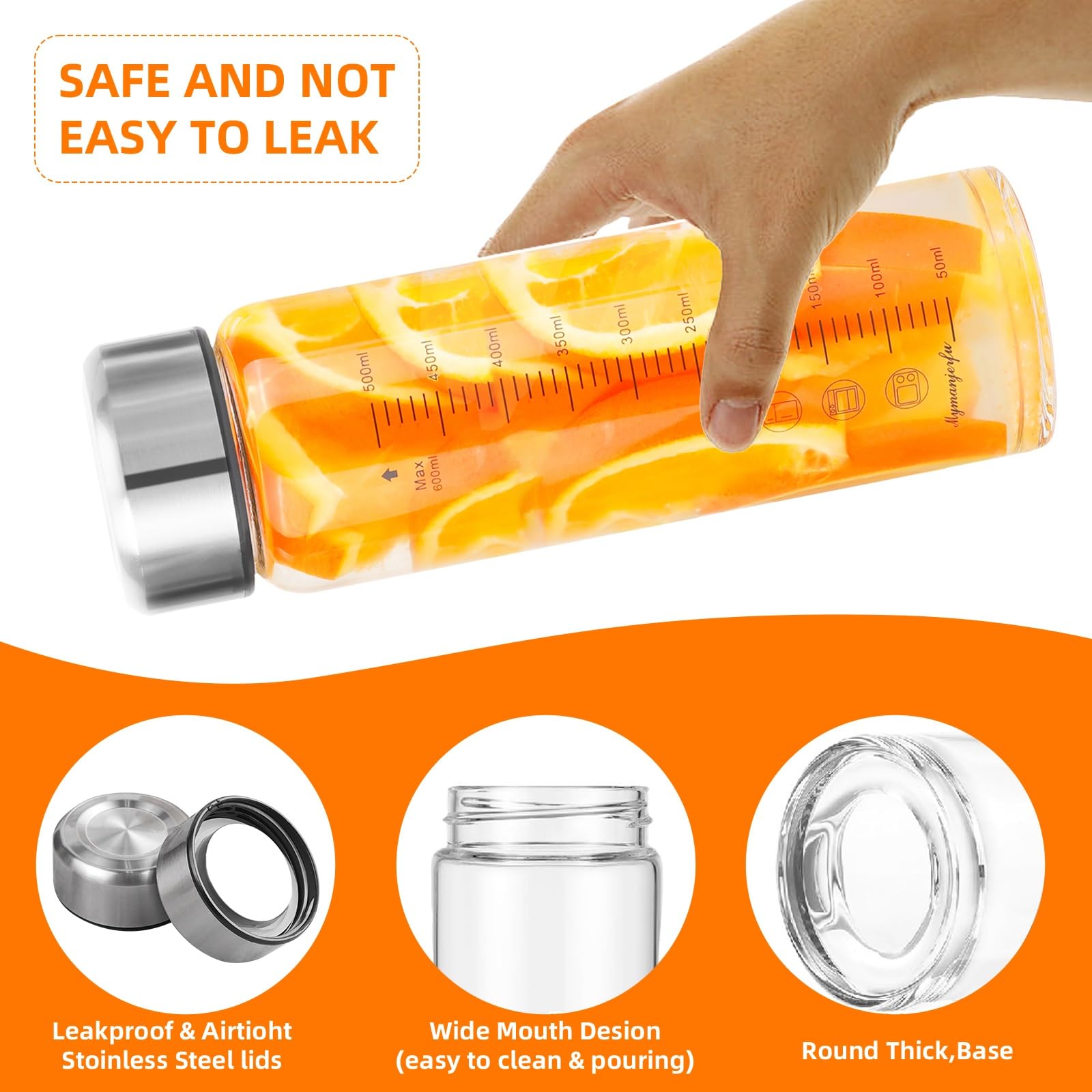 Glass Juice Bottles 6 Pack 20 oz - Wide Mouth Glass Water Bottles with Lids - for Juicing, Smoothies, Milk, Protein, BPA Free, Reusable, Stainless Steel Lids, Leak Proof, Shaker bottle (600 ml)