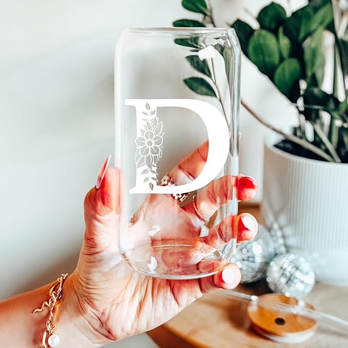 Personalized Gifts for Women, Monogrammed Glass Cups with Lids and Straws, Custom Tumbler, Cute Customized Mug, Aesthetic Stuff, Initial Iced Coffee Cup, Drinking Glasses, Birthday Teacher Gifts, W