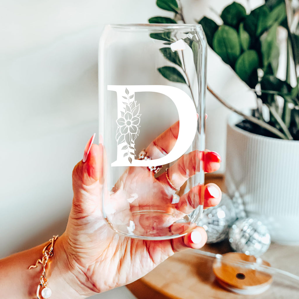 Personalized Gifts for Women, Monogrammed Glass Cups with Lids and Straws, Custom Tumbler, Cute Customized Mug, Aesthetic Stuff, Initial Iced Coffee Cup, Drinking Glasses, Birthday Teacher Gifts, J