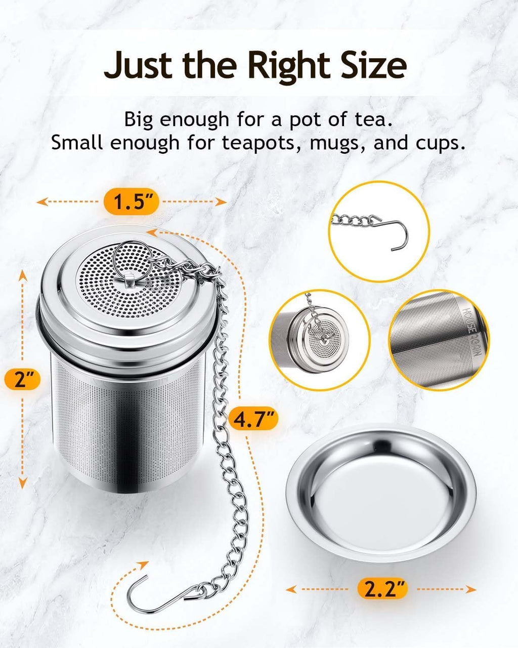 HOUSE AGAIN Tea Infuser (2 Pack with Scoop), Extra Fine Mesh Tea Infusers for Loose Tea, 18/8 Stainless Steel Tea Strainer with Extended Chain Hook, Tea Steeper for Brew Tea, Spices & Seasonings