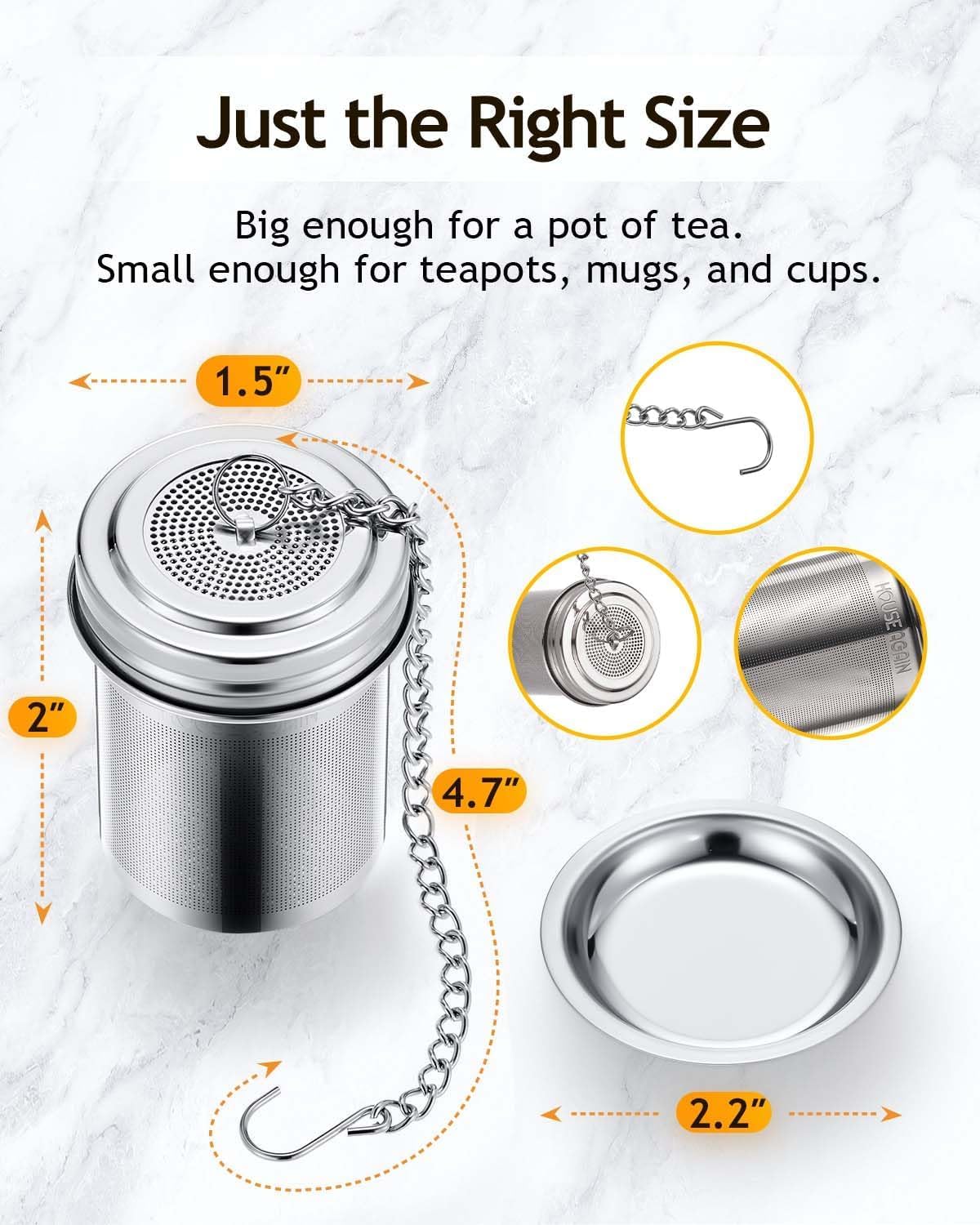 HOUSE AGAIN Tea Infuser (2 Pack with Scoop), Extra Fine Mesh Tea Infusers for Loose Tea, 18/8 Stainless Steel Tea Strainer with Extended Chain Hook, Tea Steeper for Brew Tea, Spices & Seasonings