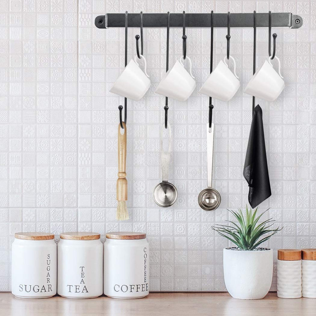 Coffee Cup Holder with 8 Hooks - Screws & Adhesive Strips for Coffee Bar