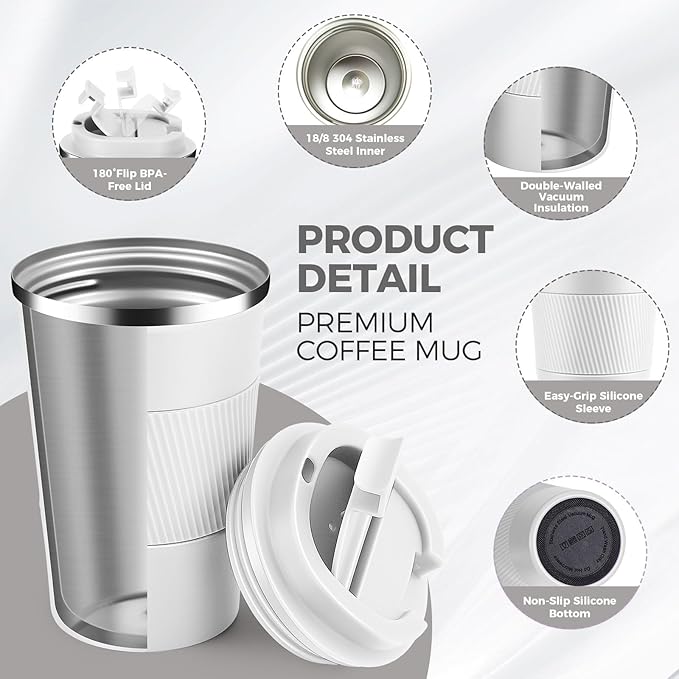 Volhoply 13 oz Stainless Steel Insulated Travel Coffee Mug with Fip Lid Bulk 8 Pack,Reusable Double Wall Vacuum Metal Coffee Cup,Portable Leak Proof Thermal Tumbler for Hot & Cold Drinks(White,8)