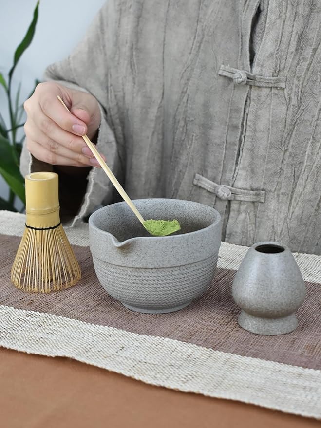 Artcome Minimalist Matcha Tea Set – 4-Piece Japanese Matcha Kit with Matte Speckled Ceramic Bowl & Spout, Bamboo Whisk, Holder, Scoop & Manual – Zen-Inspired Wabi-Sabi Tea Ceremony Gift Set
