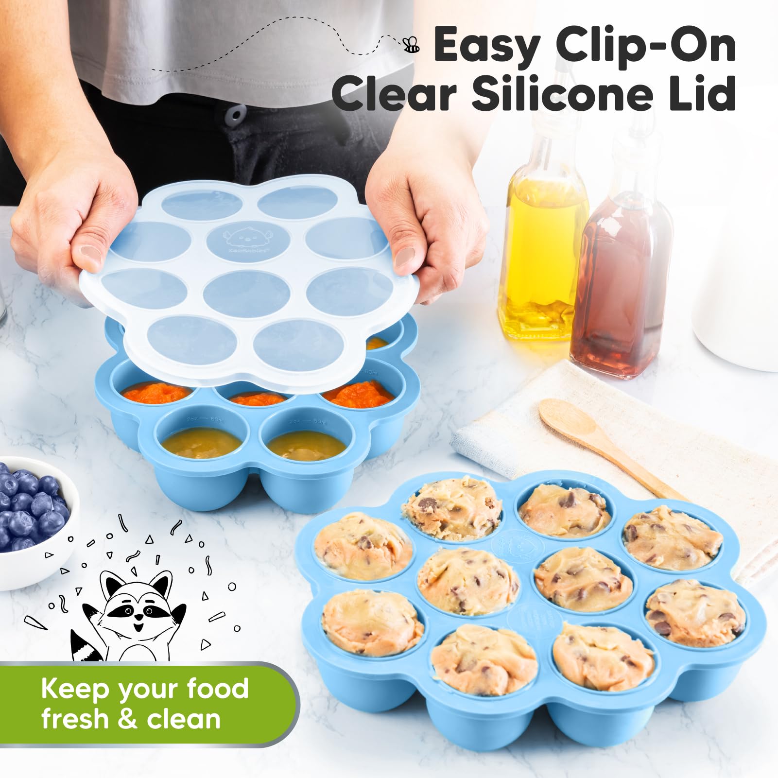 KeaBabies Silicone Food Freezer Trays with Lid, 2oz x 10 Pods (Misty Blue)