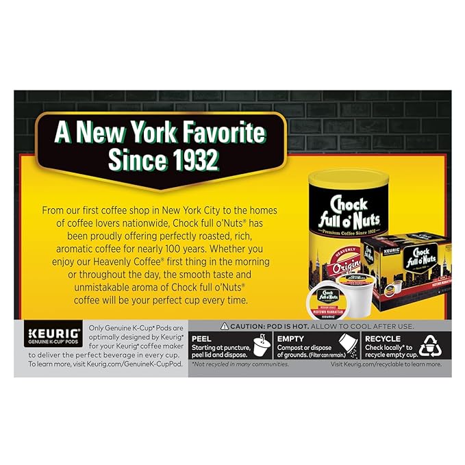 Chock Full o'Nuts Donut Shop Coffee, Compatible with K-Cup Pods, 12 CT (Pack of 3)