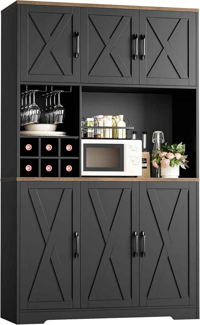 HOSTACK Kitchen Pantry Storage Cabinet, 71" Tall Food Pantry Cabinet with Microwave Stand, Farmhouse Kitchen Hutch, Coffee Bar Hutch with Wine Rack for Dining Room, Living Room, Black
