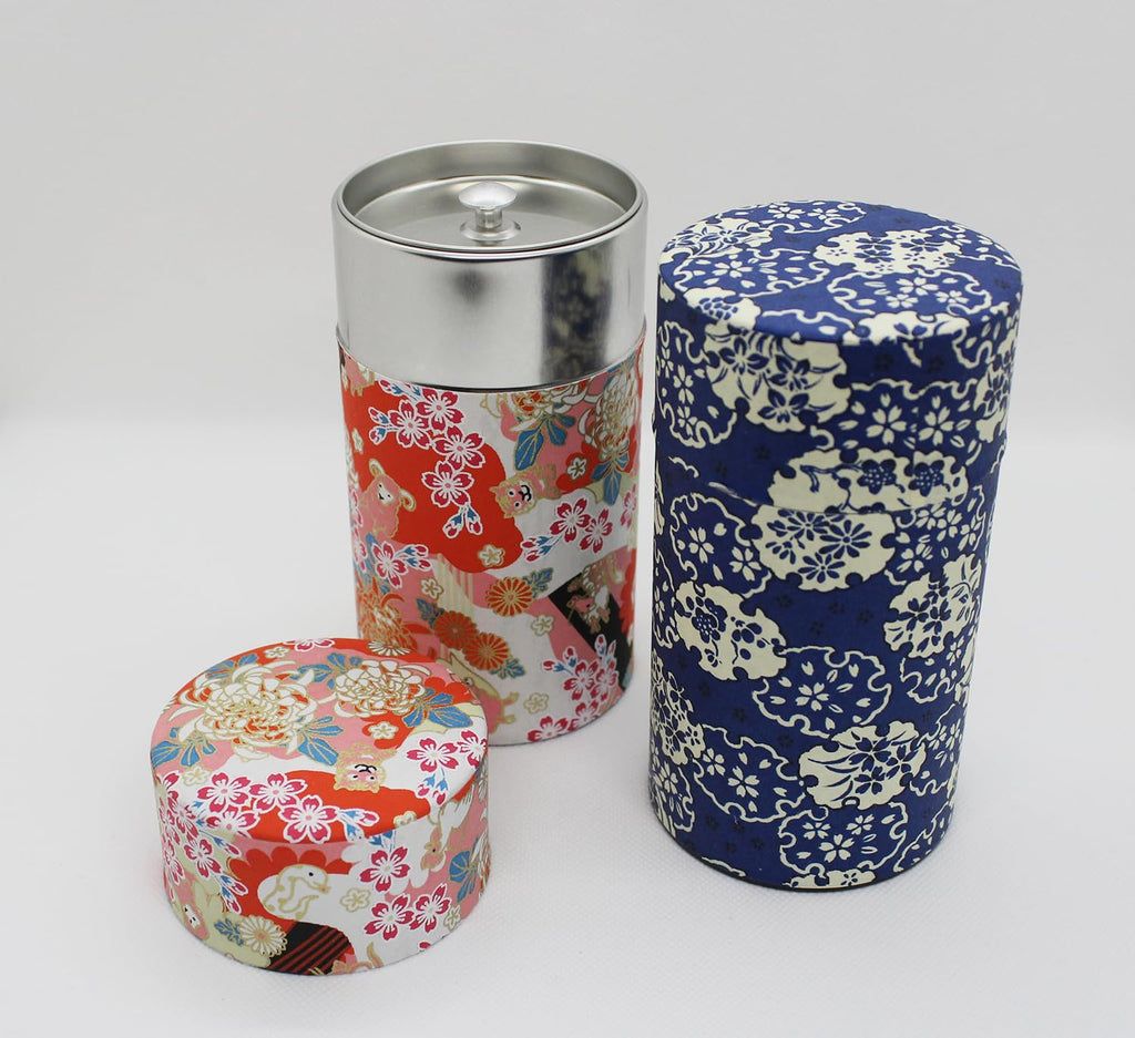Waraku Fuuka Japanese Pokkan Matcha Coffee Spice Tea Tin Canister Washi Paper Storage with Lid 7.05 oz Capacity (Hana Yukiwa)