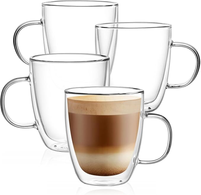 CNGLASS Large Double Wall Glass Coffee Mug 17 oz,Insulated Glass Coffee Cups with Handle,Set of 2