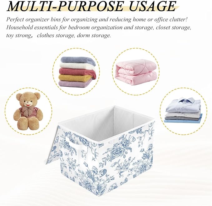 susiyo Blue Flowers Floral Storage Bin Large Collapsible Storage Box Stackable design Fabric Storage Bins with Lids Decorative Multi-Color Foldable Organizing Baskets For Closet