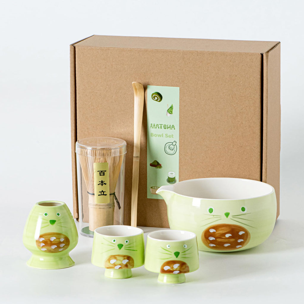 Matcha Whisk Set with Spout, Bowl & Holder, Cute Ceramic Teacups Gift - Cat