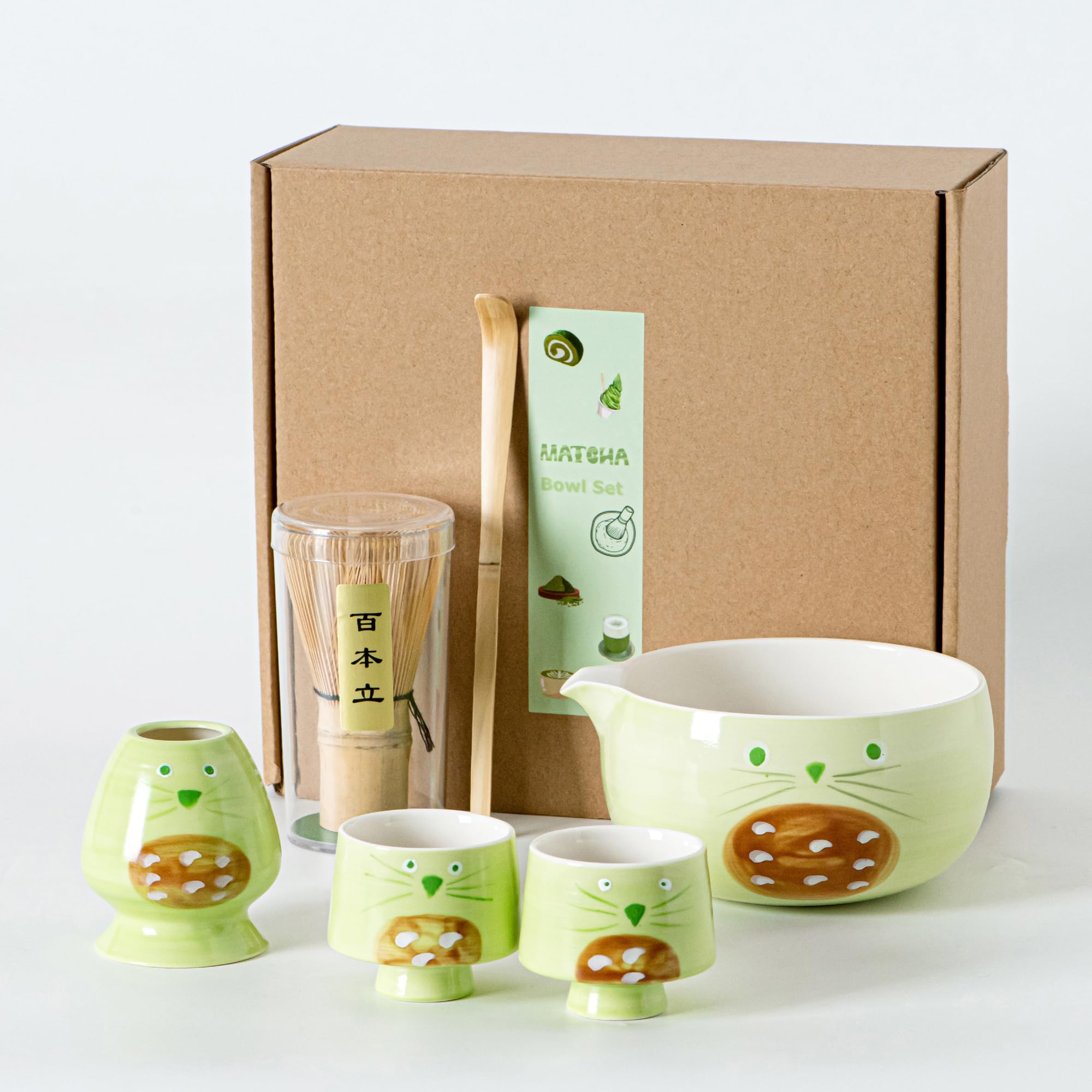 Matcha Whisk Set with Spout, Bowl & Holder, Cute Ceramic Teacups Gift - Cat