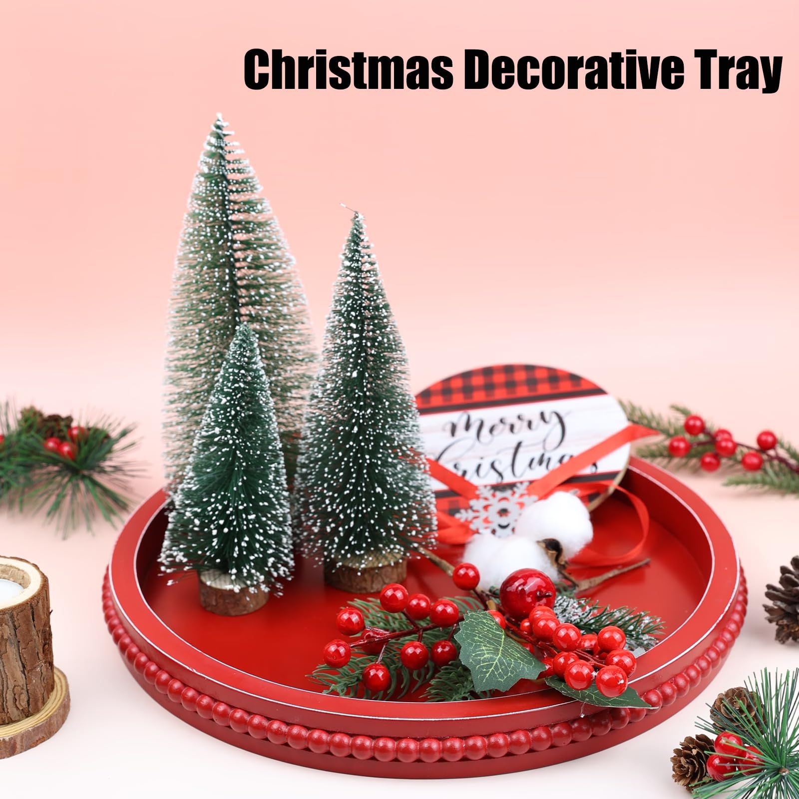 Hrastany Red Round Wood Decorative Ottoman Tray for Coffee Table Kitchen Counter, Living Room, Handcrafted Wooden Serving Tray for Table Centerpiece