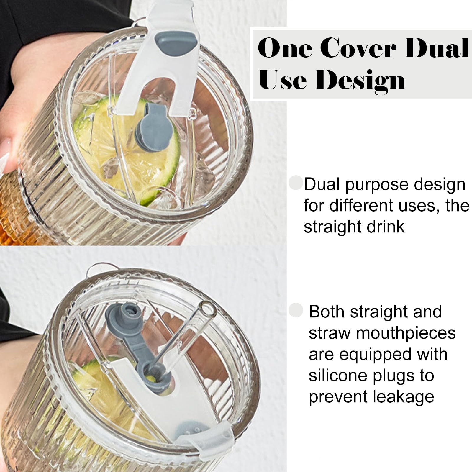 hosck 2 Pack Iced Coffee Cups with Lids, 20oz Clear Glass Tumbler with Straw and Lid, Dishwasher Safe & Leak Proof Drinking Glasses Set, Stylish Ribbed Glass Cups for Coffee Juice Tea Matcha Cocktail
