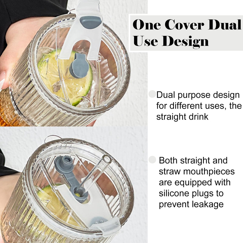 hosck 2 Pack Iced Coffee Cups with Lids, 20oz Clear Glass Tumbler with Straw and Lid, Dishwasher Safe & Leak Proof Drinking Glasses Set, Stylish Ribbed Glass Cups for Coffee Juice Tea Matcha Cocktail