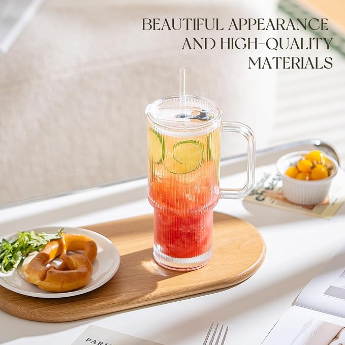 Large 26oz Clear Glass Mug with Handle and Sliding Lid – Aesthetic Ribbed Tumbler for Iced Coffee, Tea, Smoothies & Hot Drinks – Reusable Travel Cup with Straw, Dishwasher Safe (Ribbed Tumbler)