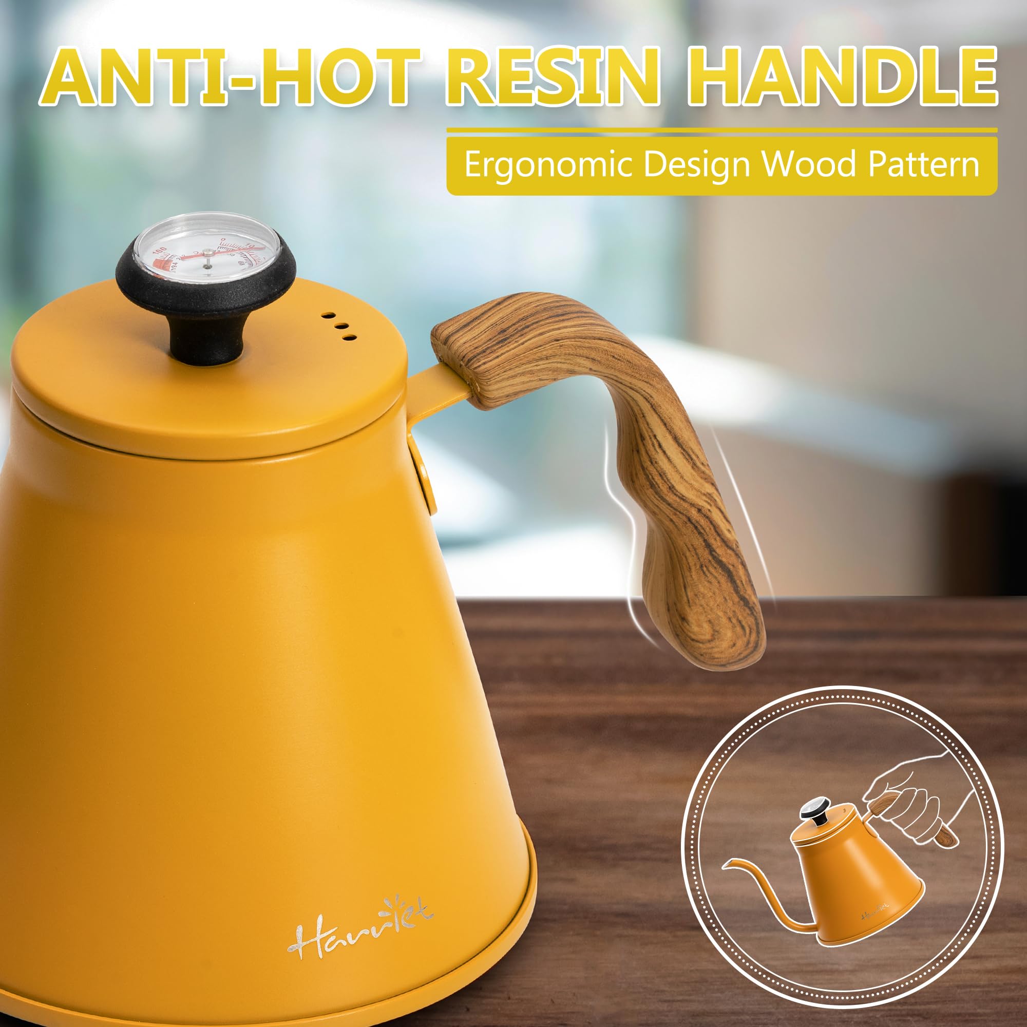 Harriet Gooseneck Kettle with Thermometer for Pour Over Coffee and Tea, 37 fl oz, Stainless Steel, Durable 3-Layer Base, Ideal Spout for Precision Pouring, Compatible with all Stove Tops, Yellow