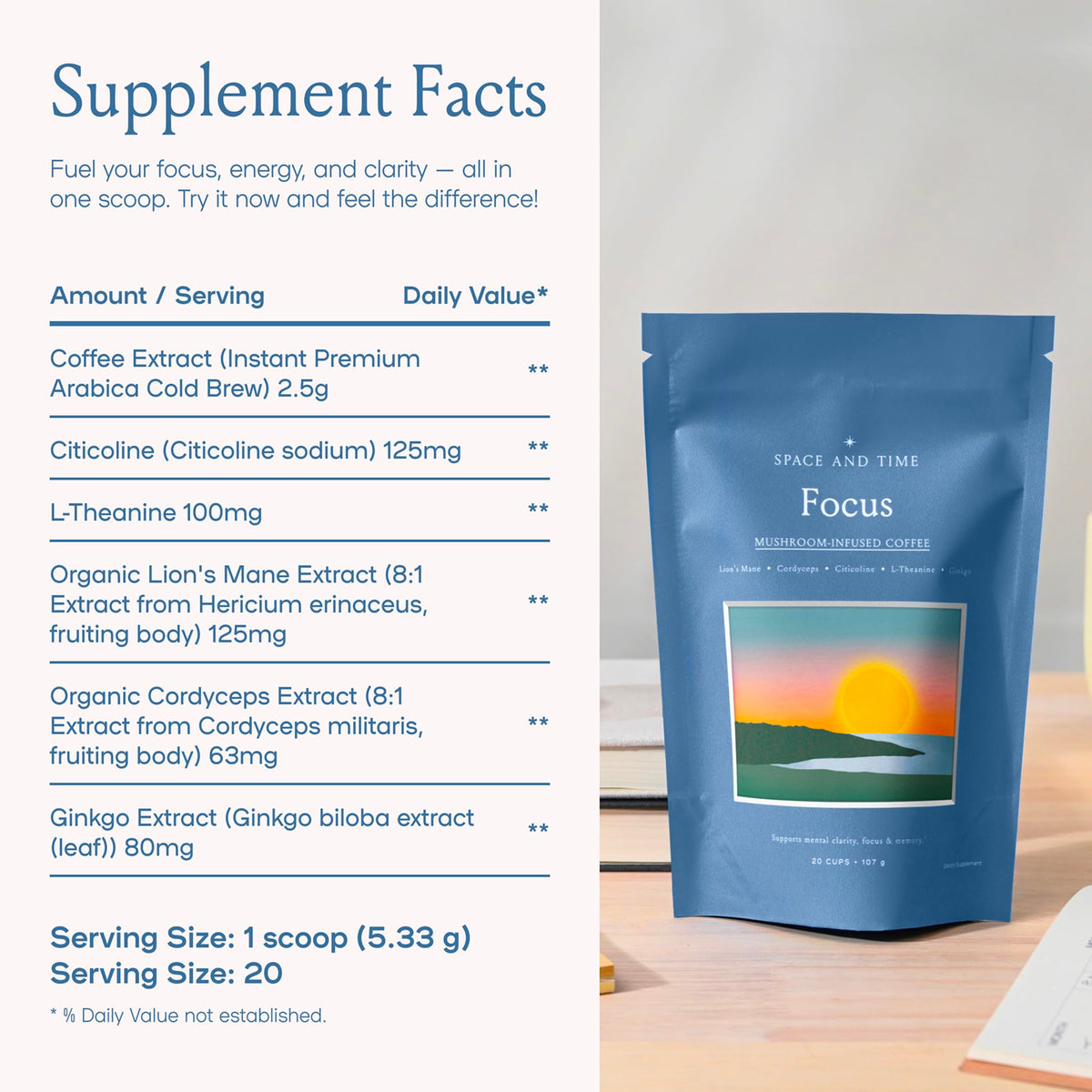 Mushroom Coffee, 20 Cups of Focus, Productivity & Clean Energy, Instant Mushroom Coffee with Lions Mane, Cordyceps and L-Theanine