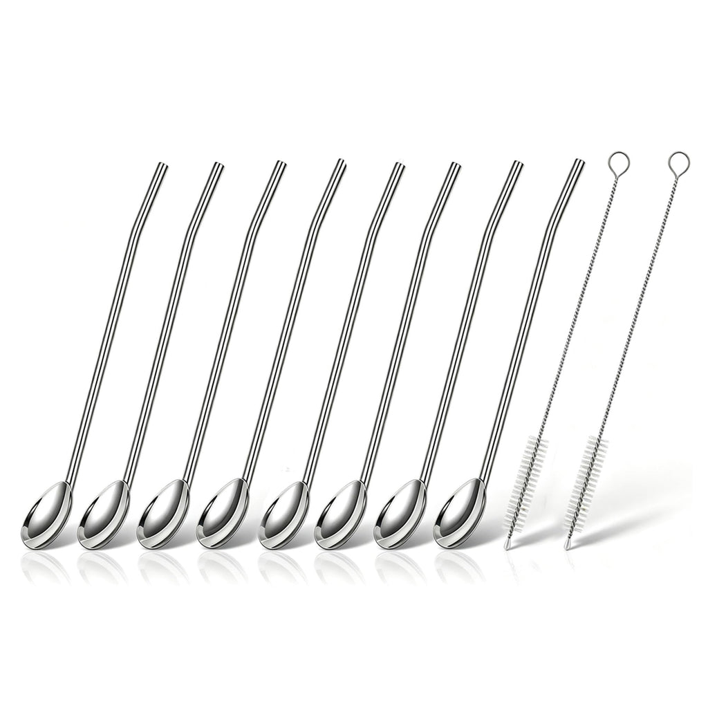 Sorfia 8pcs 2 in 1 Stainless Steel Straws Spoons with 2pcs Cleaning Brushes