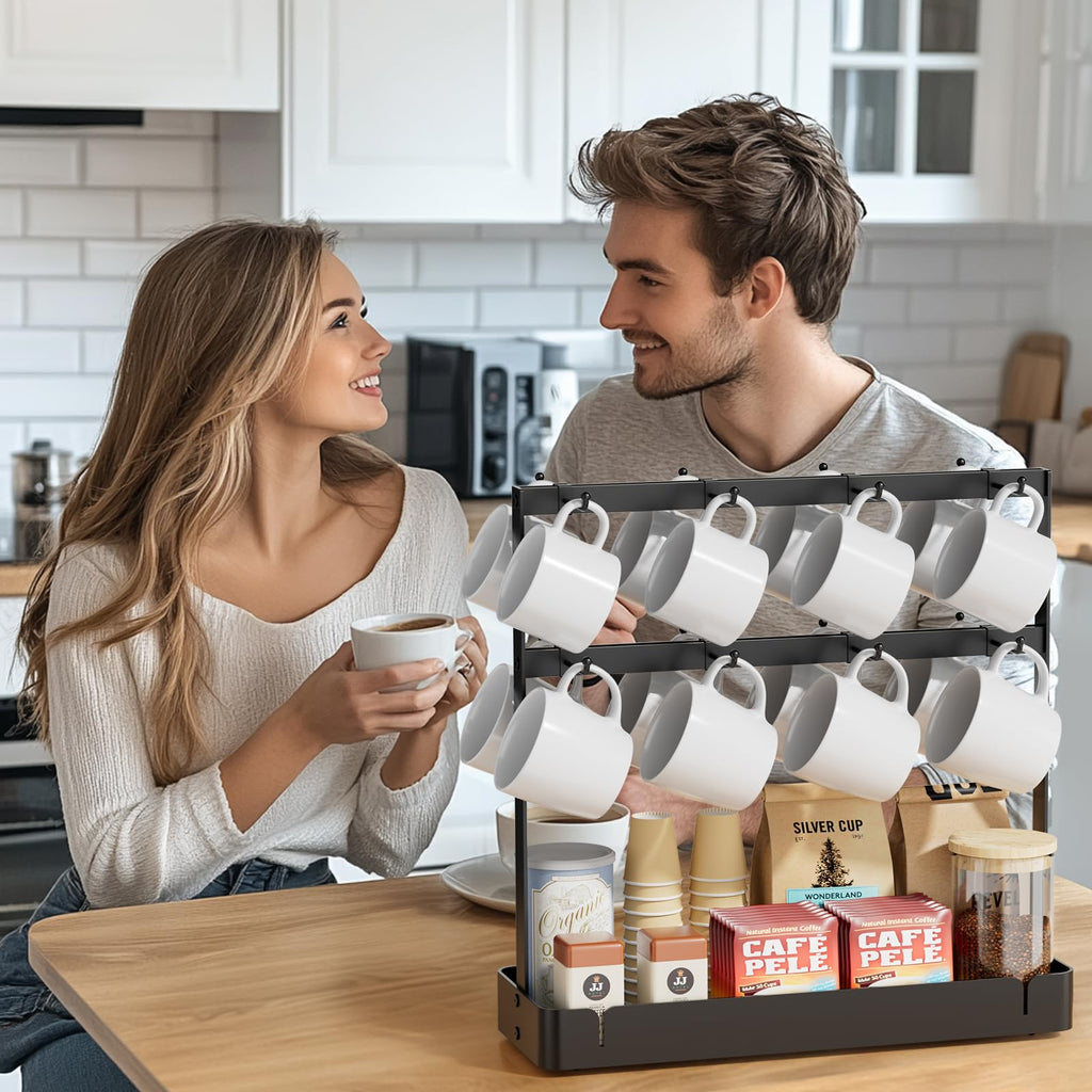 ZDDLOINP Coffee Mug Holder, 2 Tier Metal Mug Rack with 16 Movable Hooks