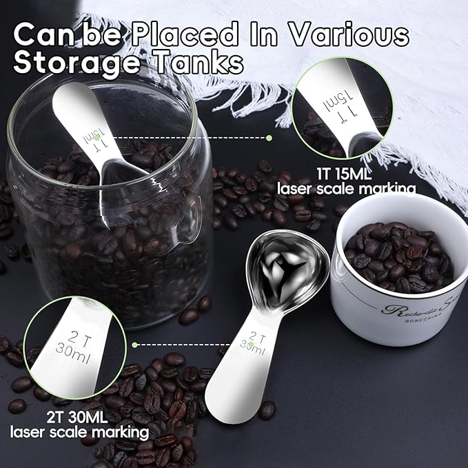 Coffee Scoop set,1&2Tablespoon Measuring spoon (2pieces) Ergonomic sdesign stainless steel manufacture,Coffee Scoop for Ground Coffee, Fits inside Airscape Canisters. (1TBSP&2TBSP(15ML&30ML))