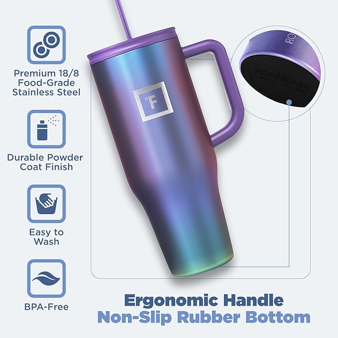 IRON °FLASK Co-Pilot Insulated Mug w/Straw & Flip Cap Lids - Cup Holder Bottle for Hot, Cold Drink - Leak-Proof- Water, Coffee Portable Travel Tumbler - Cosmetic Pink, 40 Oz