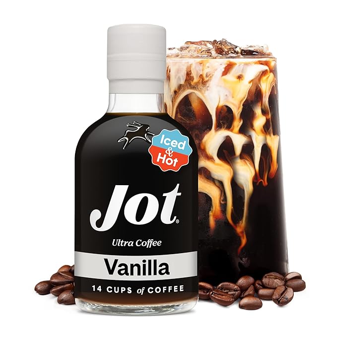 Jot Coffee Concentrate (Vanilla) High Caffeine Cold Brew Coffee Concentrate Liquid for Iced Coffees, Instant Espresso, Hot or Cold Instant Coffees - Makes 14 Cups, 150mg Caffeine/Tbsp, Sugar Free