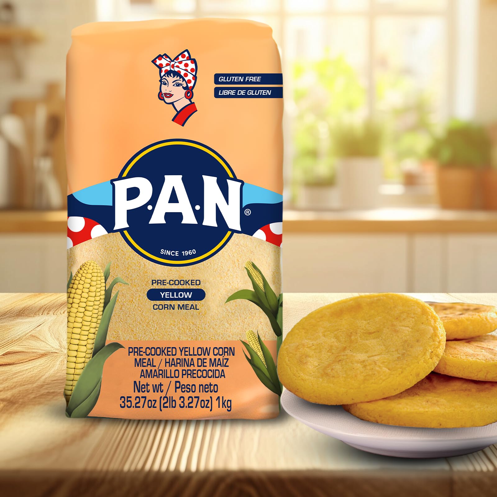 P.A.N. Yellow Corn Meal – Pre-cooked Gluten Free and Kosher Flour for Arepas (2.2 lb/Pack of 4)