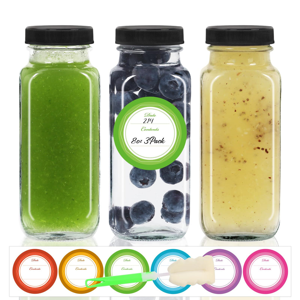 STARSIDE 8oz 3-Pack Glass Juice Bottles with Leak-proof Lids