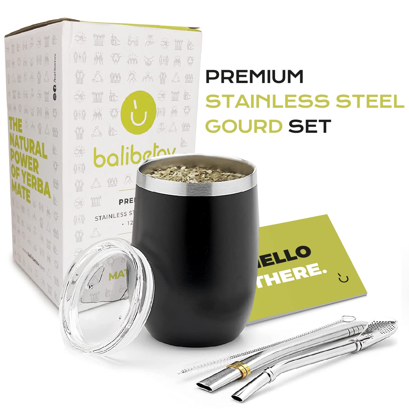 BALIBETOV 5-Piece Large Yerba Mate Cup and Bombilla Kit – Yerba Mate Gourd with Lid, 2 Bombilla Mate Straws, Cleaning Brush, Double-Wall Stainless Steel Mate Cup Set