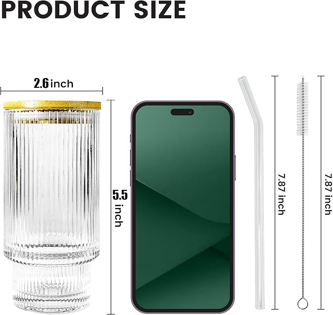 4 Pcs 11 oz Drinking Glasses Cups Set with Bamboo Lids Straws Brush Small Glassware Set for Mojito Iced Coffee Cocktail Whiskey(4 Mixed Pattern)