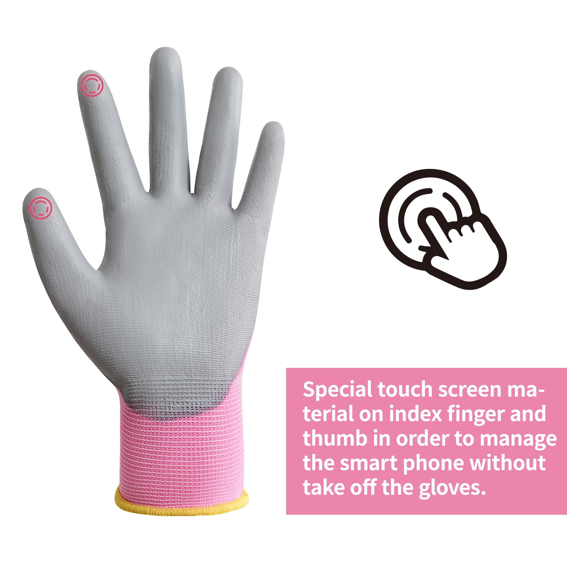 DULFINE Touchscreen Work Gloves for Women 12 Pairs, PU Coated Pink L