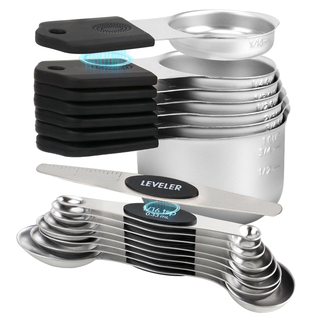 16-Piece Stainless Steel Measuring Cups and Spoons Set, Strong Magnetic Nesting Design 7 Cups 8 Spoons with Leveler, Double Measurement Markings for Dry & Liquid Ingredients, Black