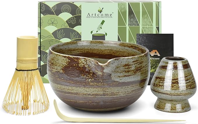 Artcome Premium Matcha Tea Set - 18.6oz Ceramic Bowl with Spout, Bamboo Whisk, Scoop, Whisk Holder & Brewing Guide - Durable & Elegant for Perfect Matcha Preparation