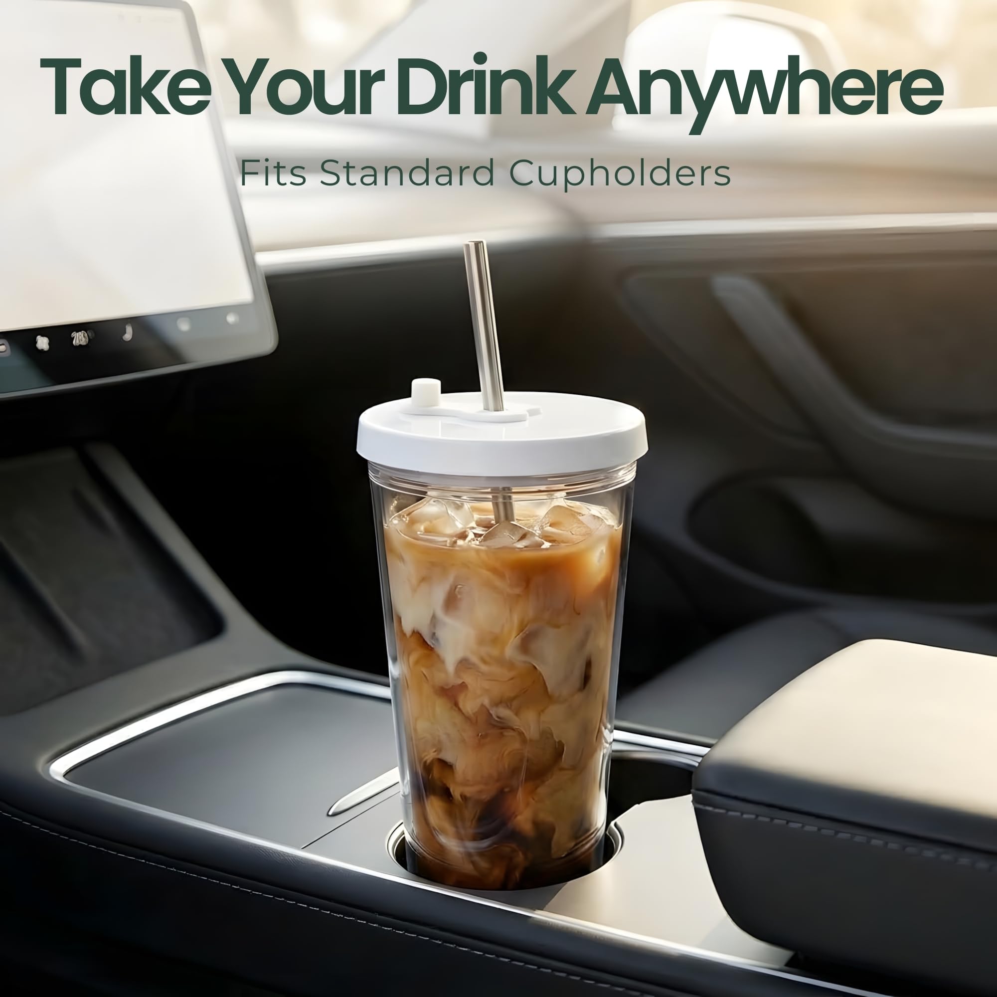 Reusable Iced Coffee Cup with Lid and Straw, 24 oz/Venti, BPA-Free Double-Wall Insulated Plastic Tumbler for Cold Drinks, Includes Clear Plastic Straw, Stainless Steel Straw and Cleaning Brush, White