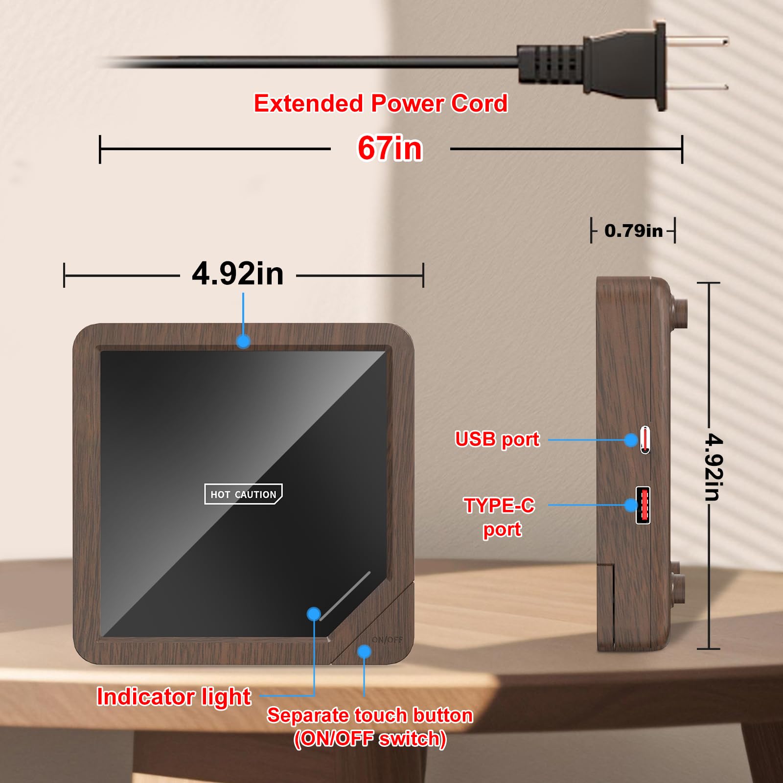 Coffee Mug Warmer with 2 USB Charging Ports: Auto Shut-Off Candle Wax Warmer - Heated Beverage Coffee Accessories for Home Office Desk - U1 Wood