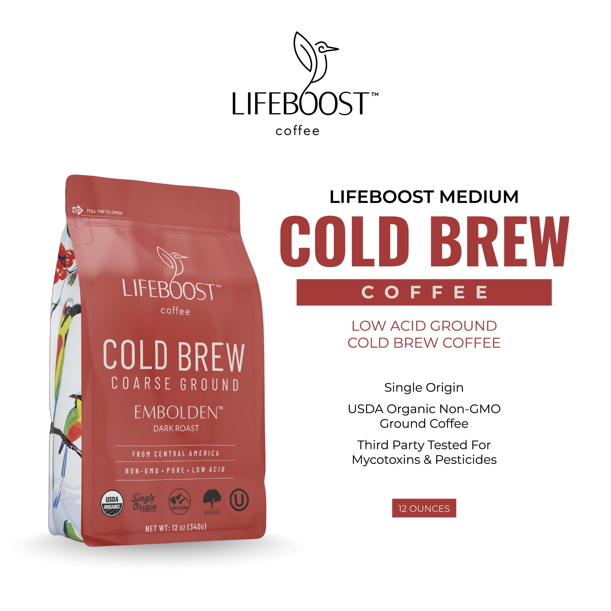 Lifeboost Dark Cold Brew Coffee - Single Origin Non-GMO USDA Organic Low Acid Coarse Ground Coffee for Cold Brew - 3rd Party Tested For Mycotoxins & Pesticides - 12 Ounces