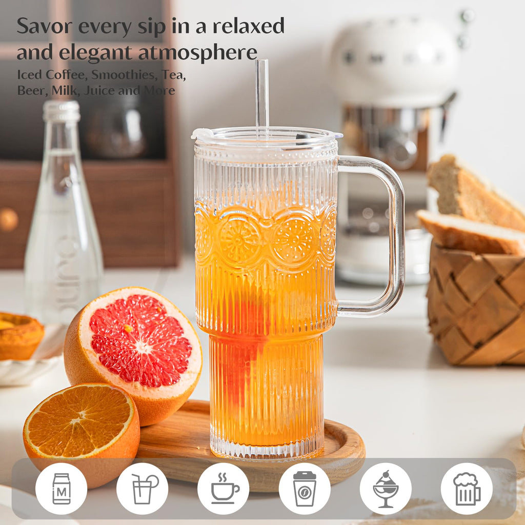 INSETLAN 24 oz Ribbed & Floral Glass Tumblers with Handle, Set of 2 Cups