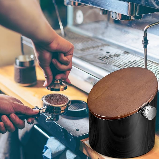 Reallnaive 5.3in Espresso Knock Box with Lid, Black, Round