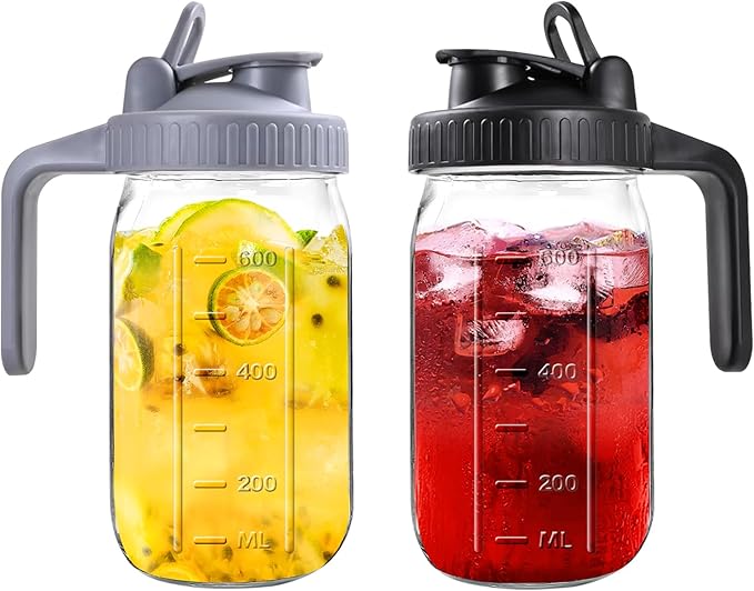 Mason Jar Pitcher, 32 OZ 2 Pack Glass Pitcher with Lid Double Leak-proof with Handle Water Jug Wide Mouth Breast Milk Pitcher Fridge Container for Water, Juice, Iced Coffee, Tea, Juice - Black+Grey