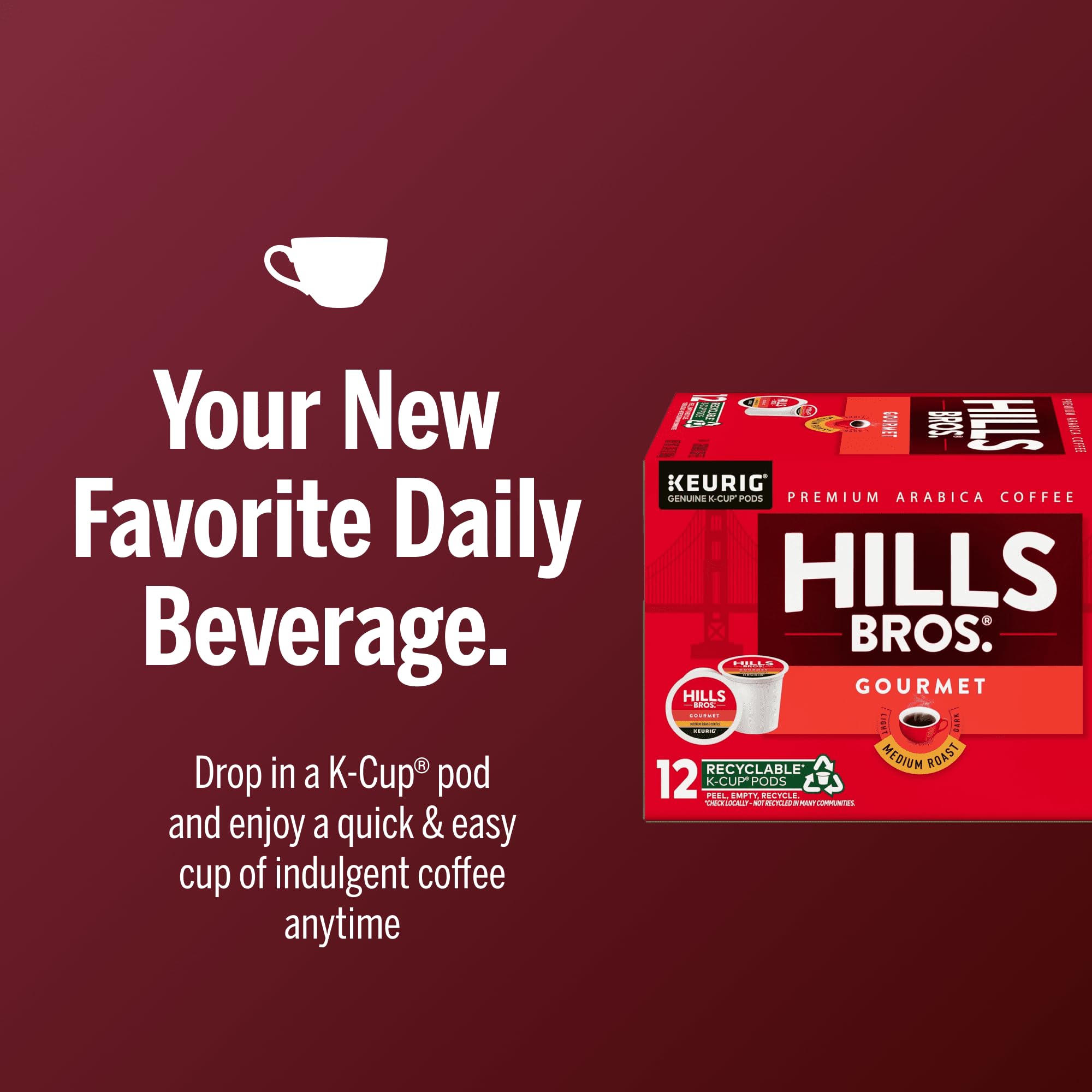 Hills Bros. Gourmet Blend Keurig K-Cup Pods for Keurig Brewers – Medium Roast Premium Arabica Blend, Kosher – 1 Pack of 12 Single Serve Pods