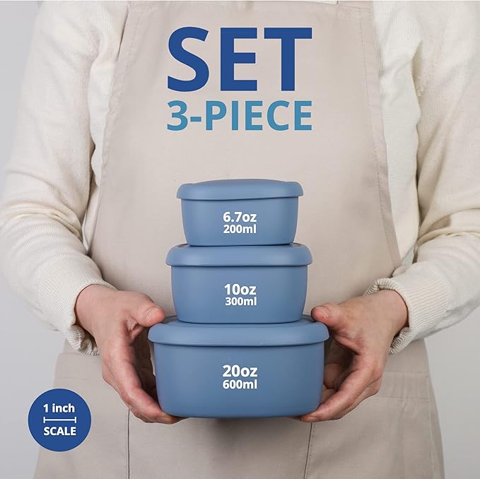 BLUE GINKGO Nesting Silicone Containers - Set of 3 Hard-Shell Silicone Food Storage Containers | BPA Free, Airtight, Dishwasher and Freezer Safe (6.7oz, 10oz, 20oz) - Blue