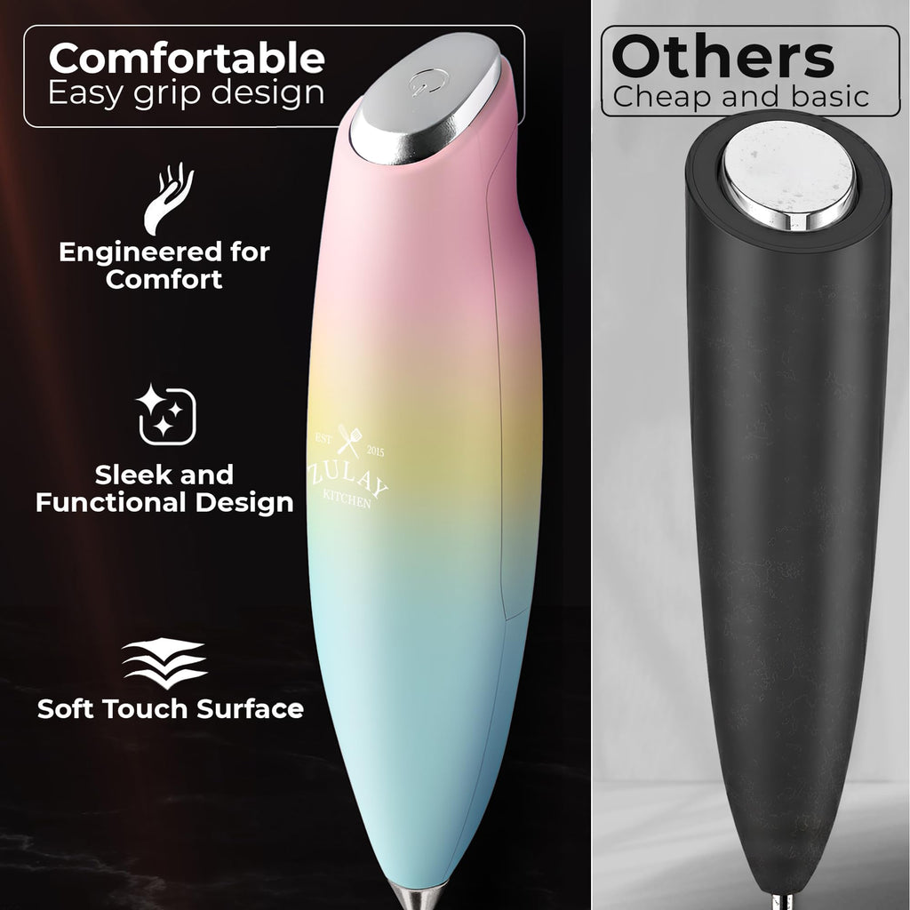 Zulay Kitchen Powerful Milk Frother Wand With Duracell Batteries - Ultra Fast Handheld Drink Mixer - Electric Whisk Foam Maker for Coffee, Lattes, Cappuccino & Matcha - Triple Whisk - Pink Sunrise