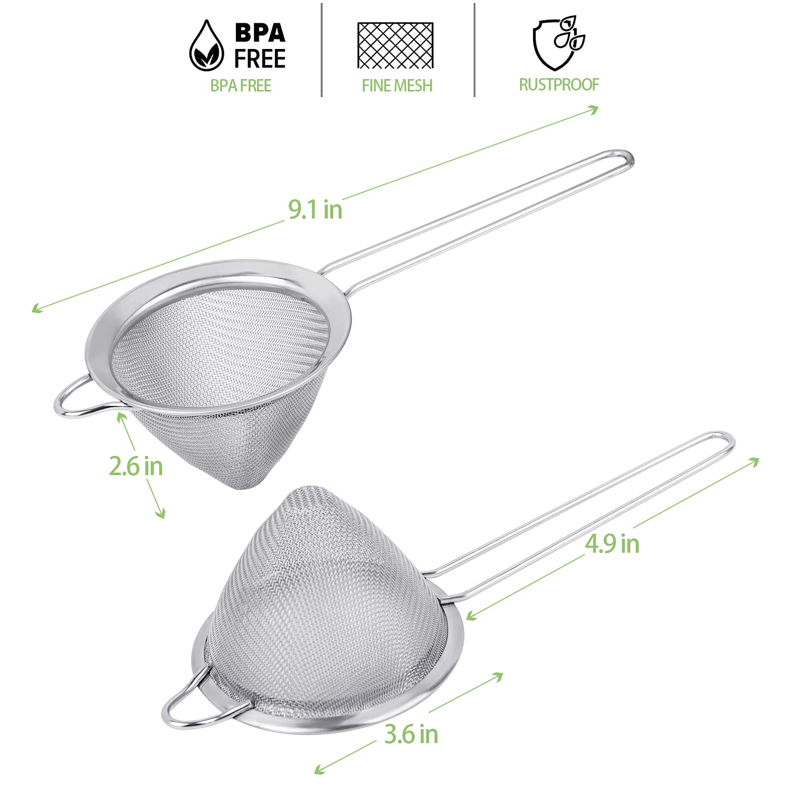 2 Pack Stainless Steel 18/8 Small Food Strainer, Fine Mesh Sieve with Long Handle, Cocktail Strainer For Cocktails, Tea Herbs, Coffee & Drinks, Rust Proof & Great as Tea Strainer, 3.5inch