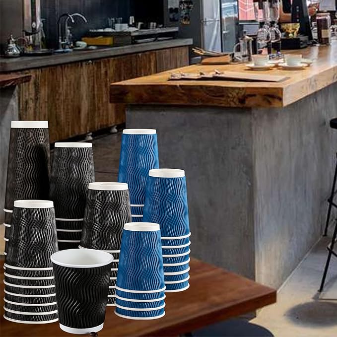 Lamosi 12 oz Disposable Coffee Cups - 120 Pack, Insulated Corrugated Paper Cups 12 oz, Kraft Ripple Wall Cups for Hot Beverage or Cold Drinks Office/Home/Party/Travel/Cafe (Black)