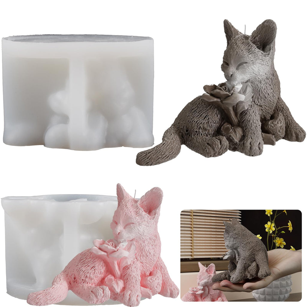 Rose Cat Candle Animal Resin Casting Soap Making Molds Silicone for Home Decorate 3D Clay Mold