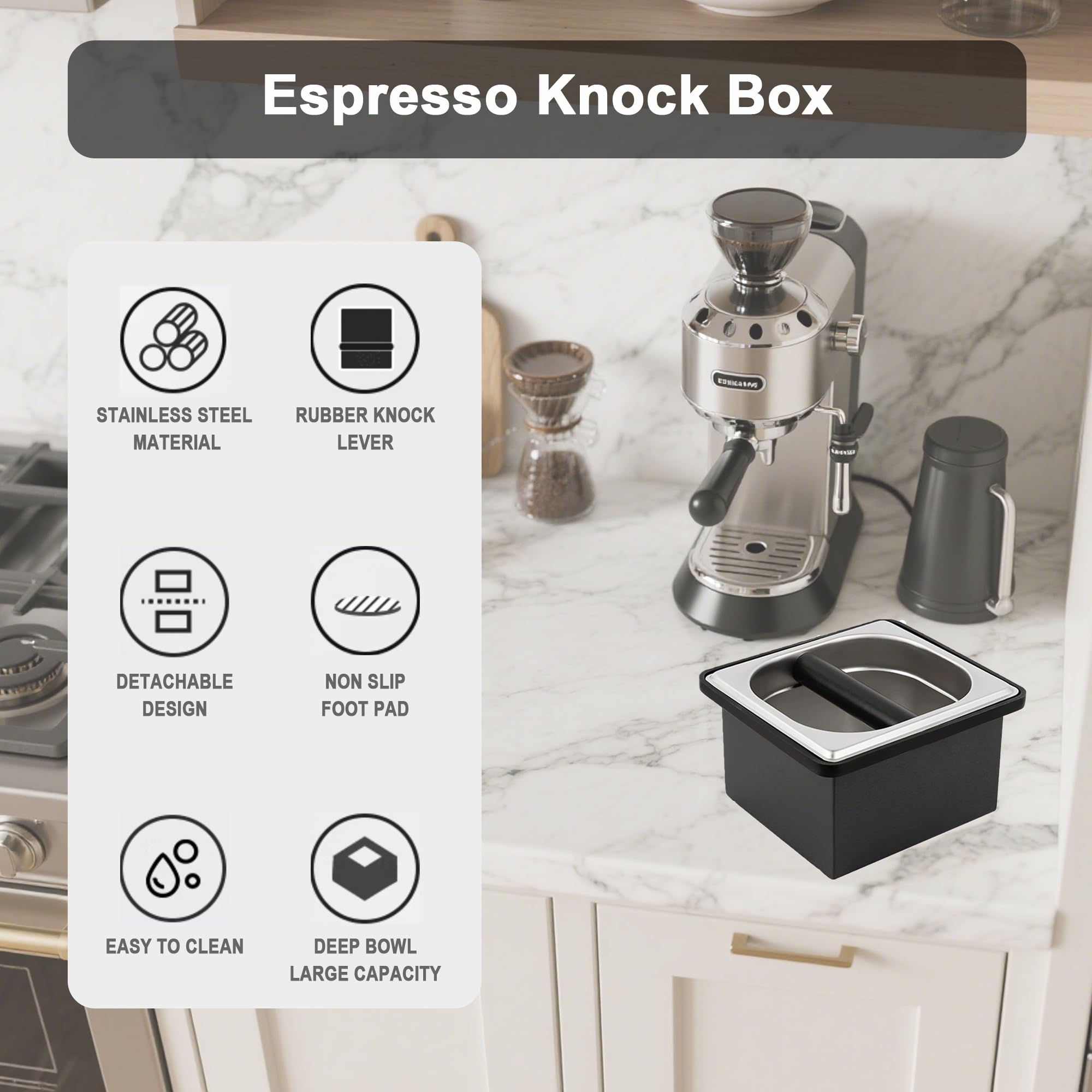 YURICK Espresso Knock Box, Coffee Knock Box for Espresso Grounds Disposal, Large Capacity, Equipped with Noise Reduction Rubber Ring & Steel Holder, Ideal Tool for Espresso Machines, Black (Small)