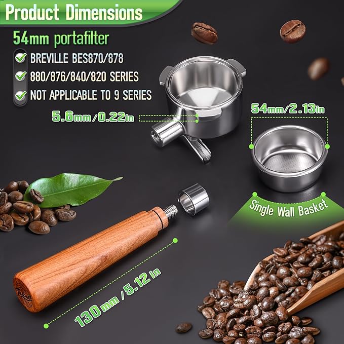 54mm Portafilter for Breville BES870/878/880 Series, Dual Spout Espresso Handle with Siam Rosewood Grip & 304 Stainless Steel Basket