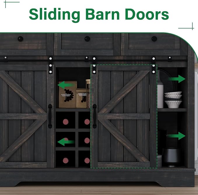 4 EVER WINNER 72" Coffee Bar Cabinet with Sliding Barn Door & Wine Racks, Hutch Cabinet with Storage and 3 Drawers, Farmhouse Coffee Bar with Wine Glass Holder for Dining Room Kitchen (Rustic Oak)
