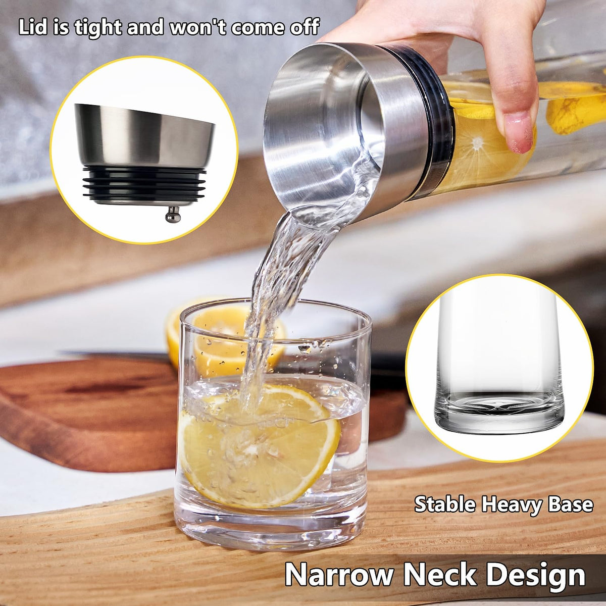 GLASKEY Glass Water Carafe with Lid,1200ml Borosilicate Glass Juice Pitcher with Stainless Steel Gravity Lid,Clear Water Pitcher for Ice Tea, Lemonade, Coffee,Juice Beverage,40 oz